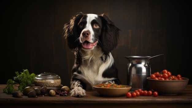 Small Dog Sitting at Table With Plate of Food