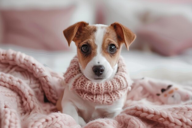 ピンクの毛布で覆われたベッドの上に座っている小さな犬