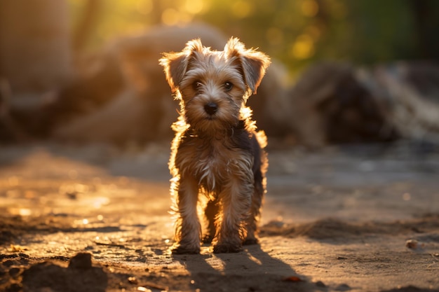 a small dog standing on a dirt ground