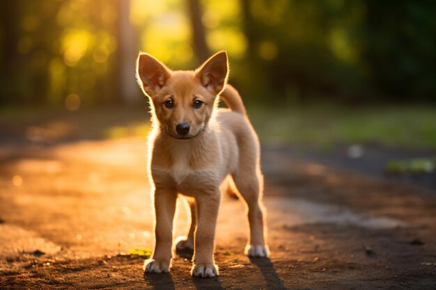 a small dog standing on a dirt road