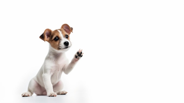 a small dog standing up with its paw up