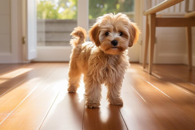 Foto un piccolo cane in piedi su un pavimento di legno