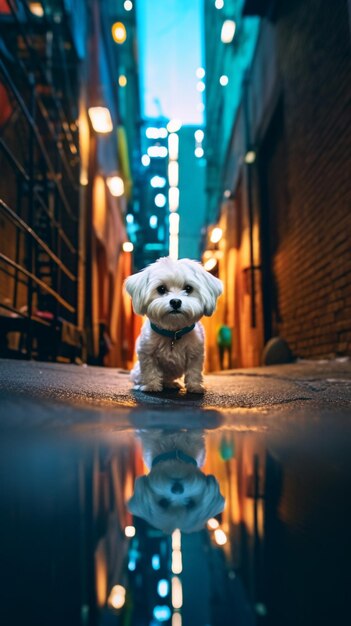 A small dog stands in a puddle in an alley with a brick wall behind it.