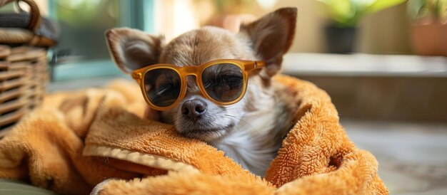 Small Dog in Sunglasses on Blanket