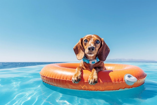 small dog in sunglasses an inflatable circle around his neck looks interested