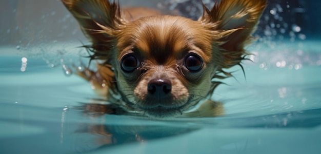 A small dog swimming in a pool with its head above water