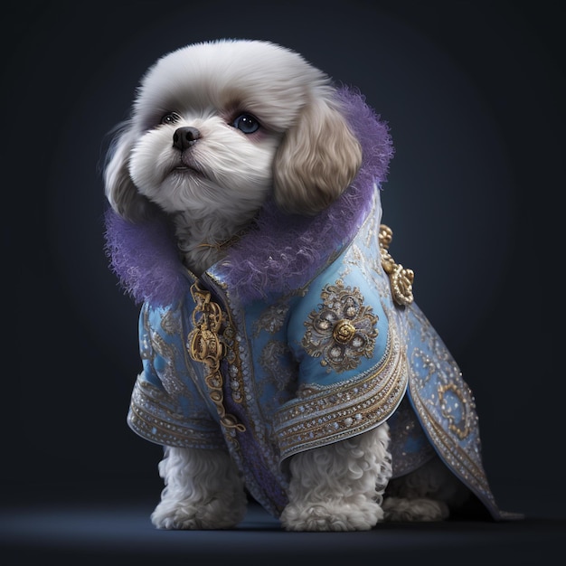 A small dog wearing a blue coat with a gold trim.