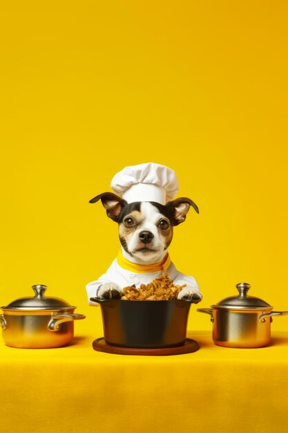 Small dog wearing chef's hat and holding bowl of food Generative AI