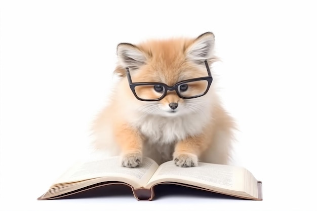 a small dog wearing glasses sitting on top of a book