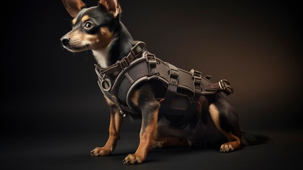 Photo a small dog wearing a harness with a collar that says  the dog