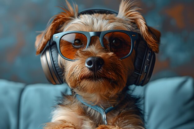 Small Dog Wearing Headphones and Glasses