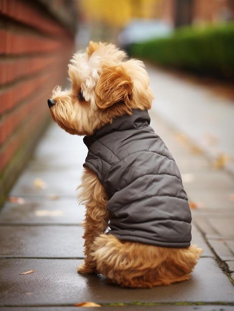 Photo a small dog wearing a jacket sitting on a sidewalk