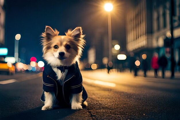 A small dog wearing a jacket that says