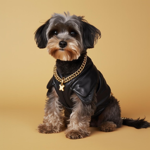 A small dog wearing a leather jacket with a gold cross on it.