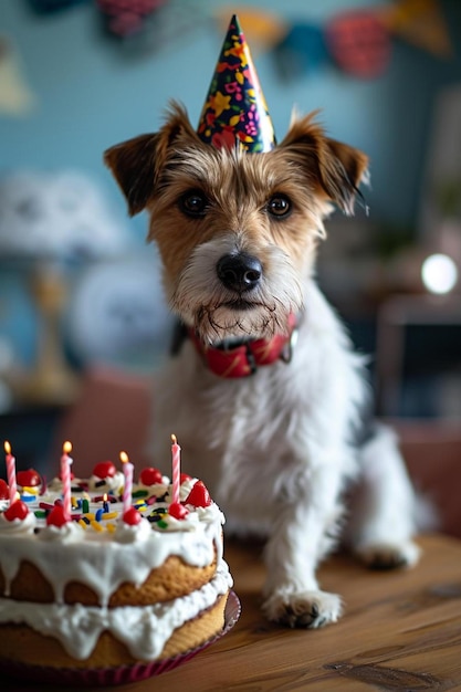 a small dog wearing a party hat next to a birthday cake