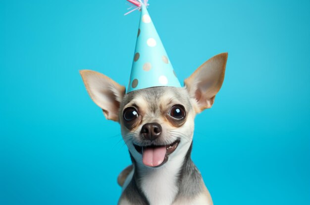 small dog wearing party hat on blue background party