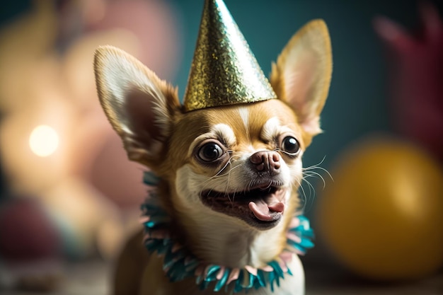 Photo small dog wearing party hat and collar with collar around it's neck generative ai