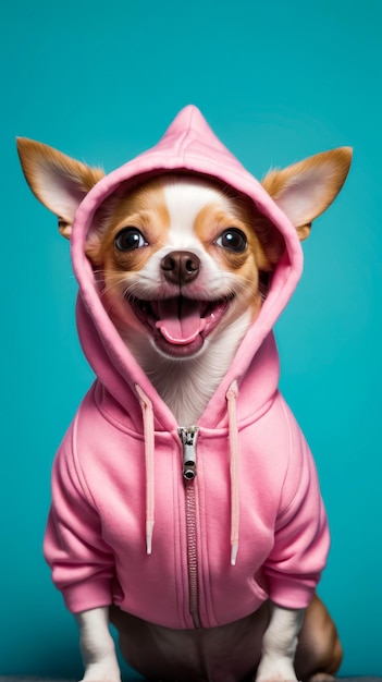 small dog wearing pink hoodie with zipper in front