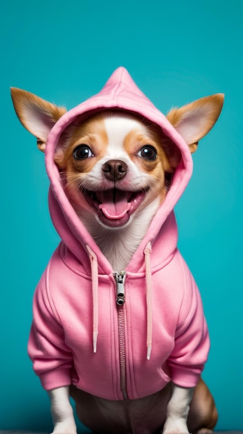 Small dog wearing pink hoodie with zipper in front