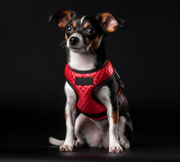 A small dog wearing a red harness with the number 2 on it.