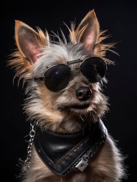A small dog wearing sunglasses and a leather jacket