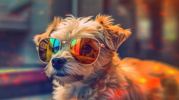 Маленькая собака в солнцезащитных очках сидит на диване, генеративное изображение ai