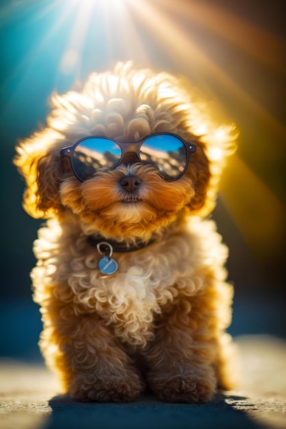 Small dog wearing sunglasses on top of wooden table in the sun Generative AI