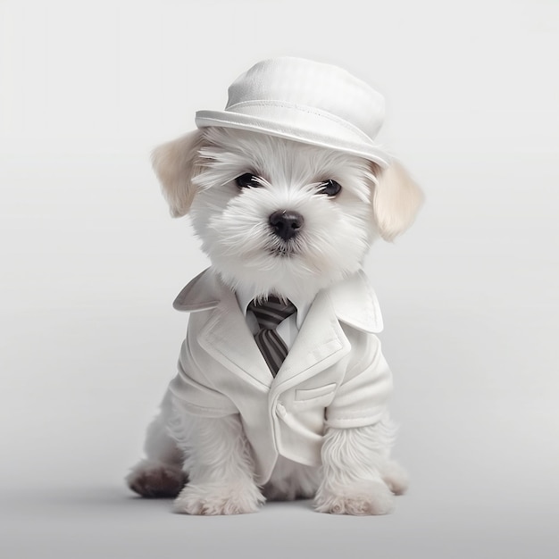 Foto un cagnolino con indosso un vestito bianco e un papillon è seduto