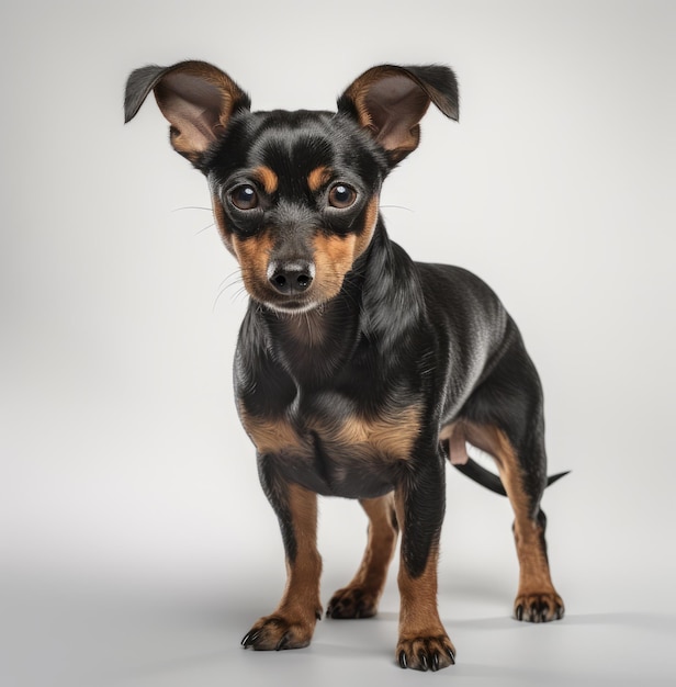 黒と茶色の顔と茶色の耳を持つ小型犬。