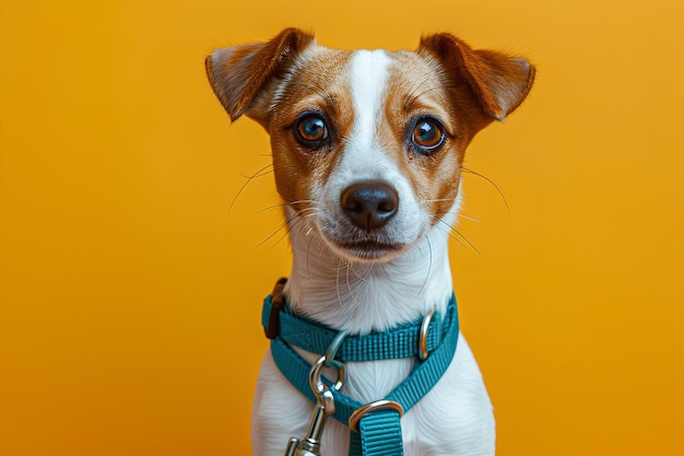 A small dog with a blue collar and a leash on a yellow background with a yellow background and a