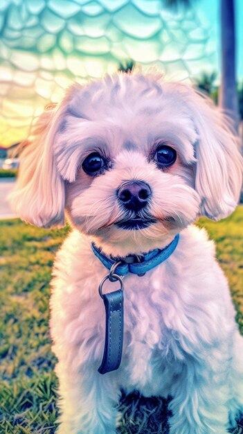 青い首輪をした小さな犬が草の上に座っています。