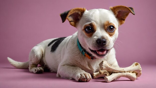 Photo small dog with bone in its mouth