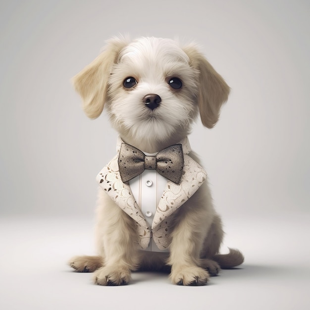 A small dog with a bow tie and a vest