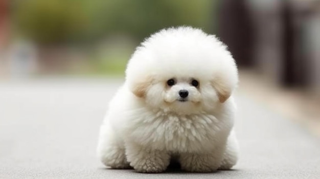 A small dog with a fluffy head and a big nose sits on a road