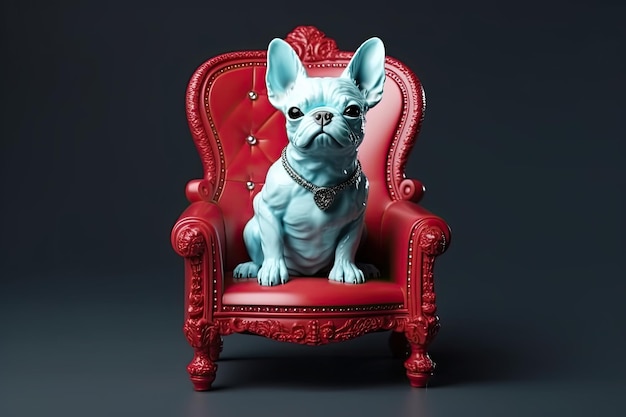 Small dog with glasses sitting on a red armchair in the style of conceptual pop art Generative AI