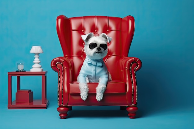 Small dog with glasses sitting on a red armchair in the style of conceptual pop art Generative AI