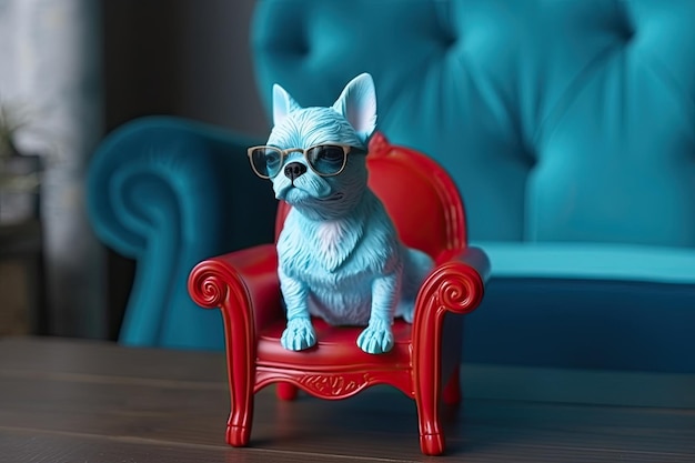 Small dog with glasses sitting on a red armchair in the style of conceptual pop art Generative AI