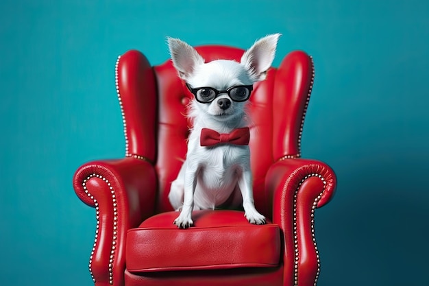 안경을 쓴 작은 개는 개념적 팝 아트 Generative AI 스타일로 빨간색 안락의자에 앉아 있습니다.