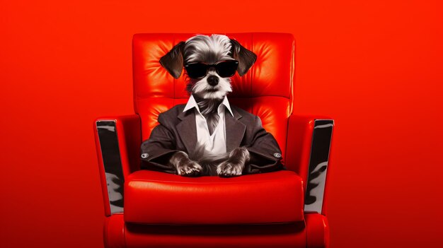 Small dog with glasses sitting on a red armchair