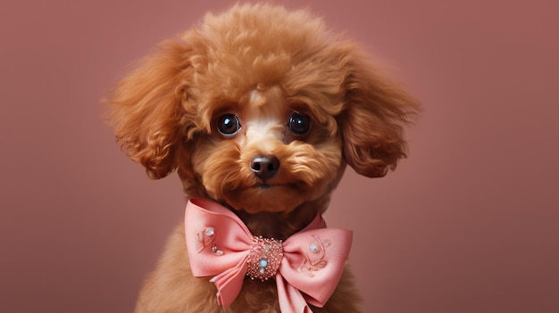 a small dog with a pink bow on its head