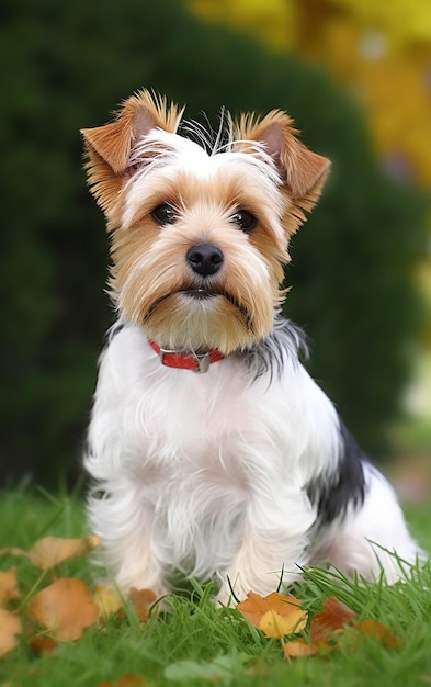 A small dog with a red collar sits in the grass.