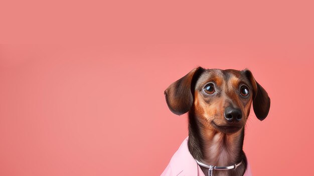 A small dog with a stethoscope and a doctors suit on a pink background Banner