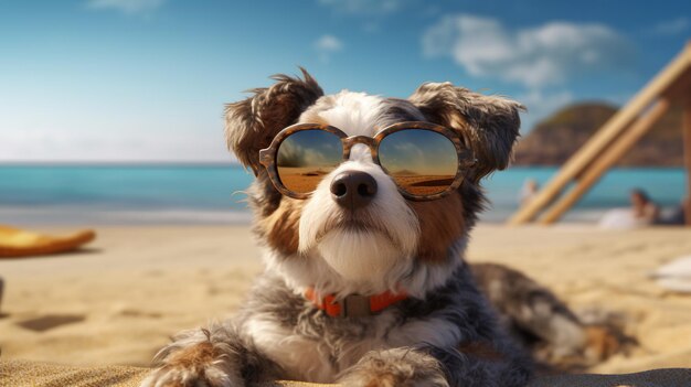 A small dog with sunglasses and a collar is resting on the beach