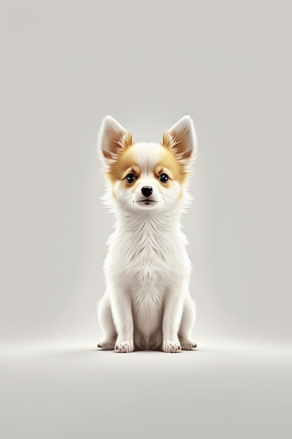 A small dog with a tan and white face sits in front of a light background.