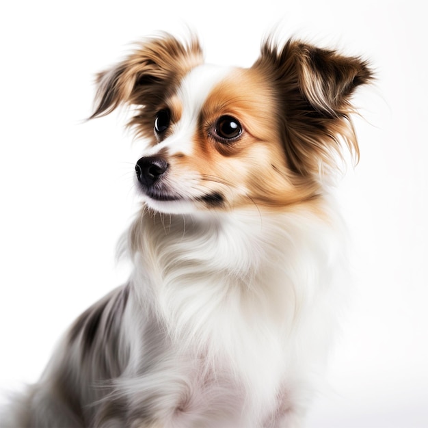 A small dog with a white background and a black nose.