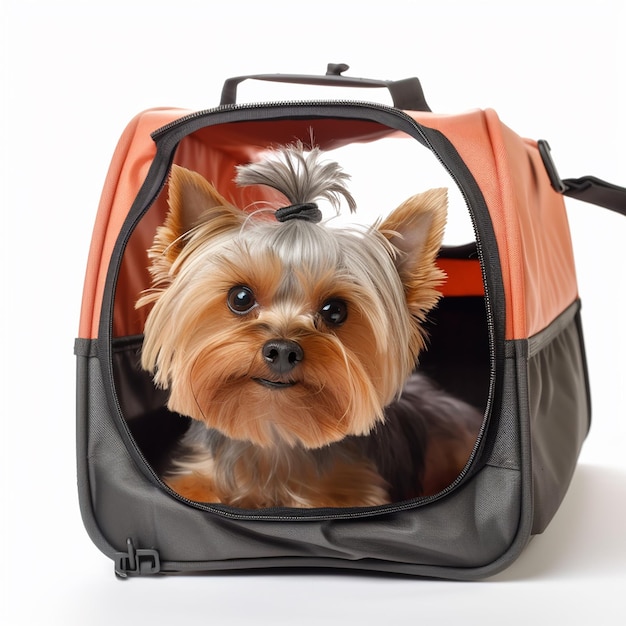 Small dog yorkshire terrier peeks out of a carrying bag isolated on a white background closeup