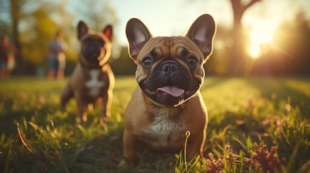 Маленькие собачки сидят на зеленом поле