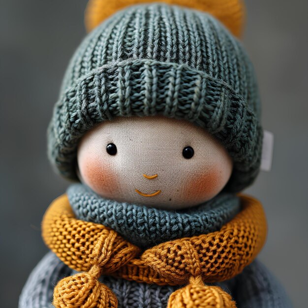 A small doll with a knitted hat and scarf on