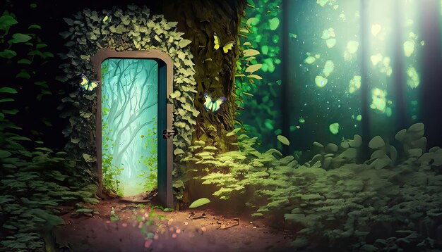 Small door in a forest realistic lots of foliage with small butterflies thunder storm 4k