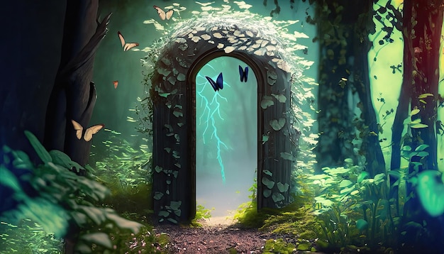 Small door in a forest realistic lots of foliage with small butterflies thunder storm 4k